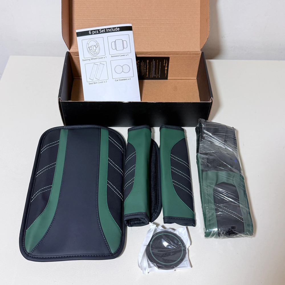 6 Pc Car Interior Set Steering Wheel + Armrest Cover Seat Belt Pads Coasters Gre